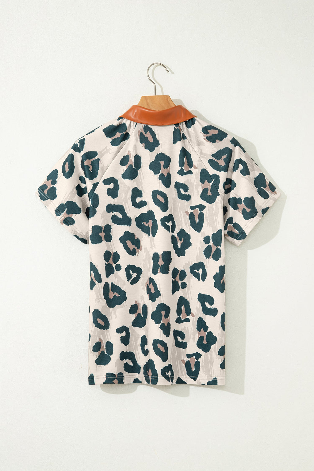 Casual Unique Leopard Print Button Contrast Collared Short Sleeve Blouse