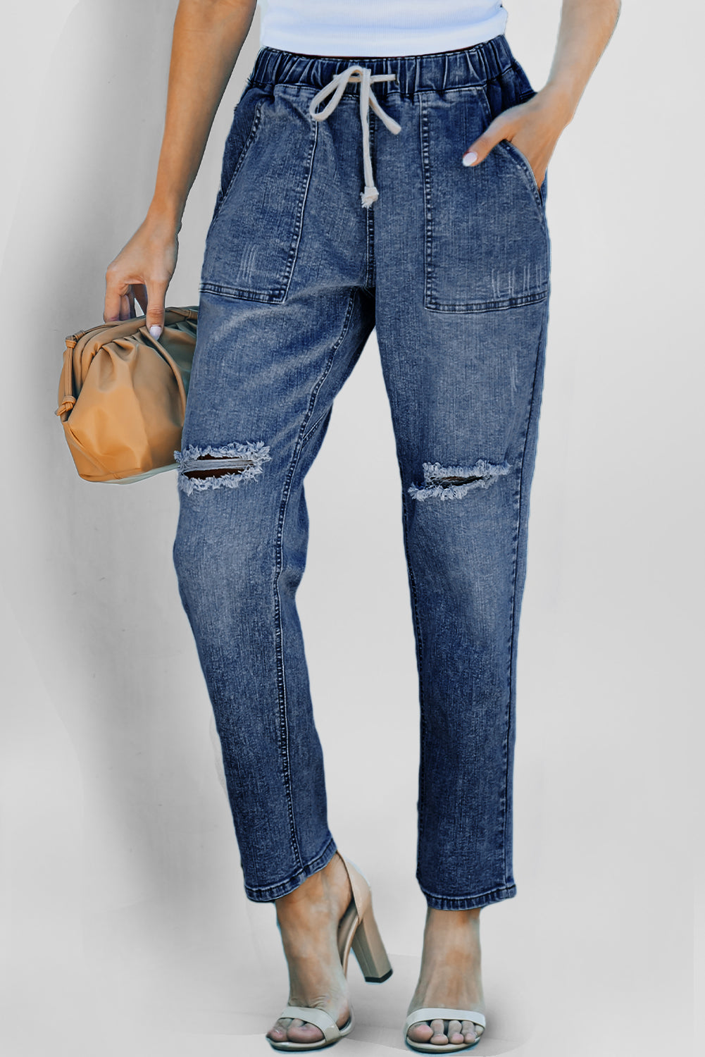 Dark Blue Gather Round Distressed Pocketed Denim Jogger