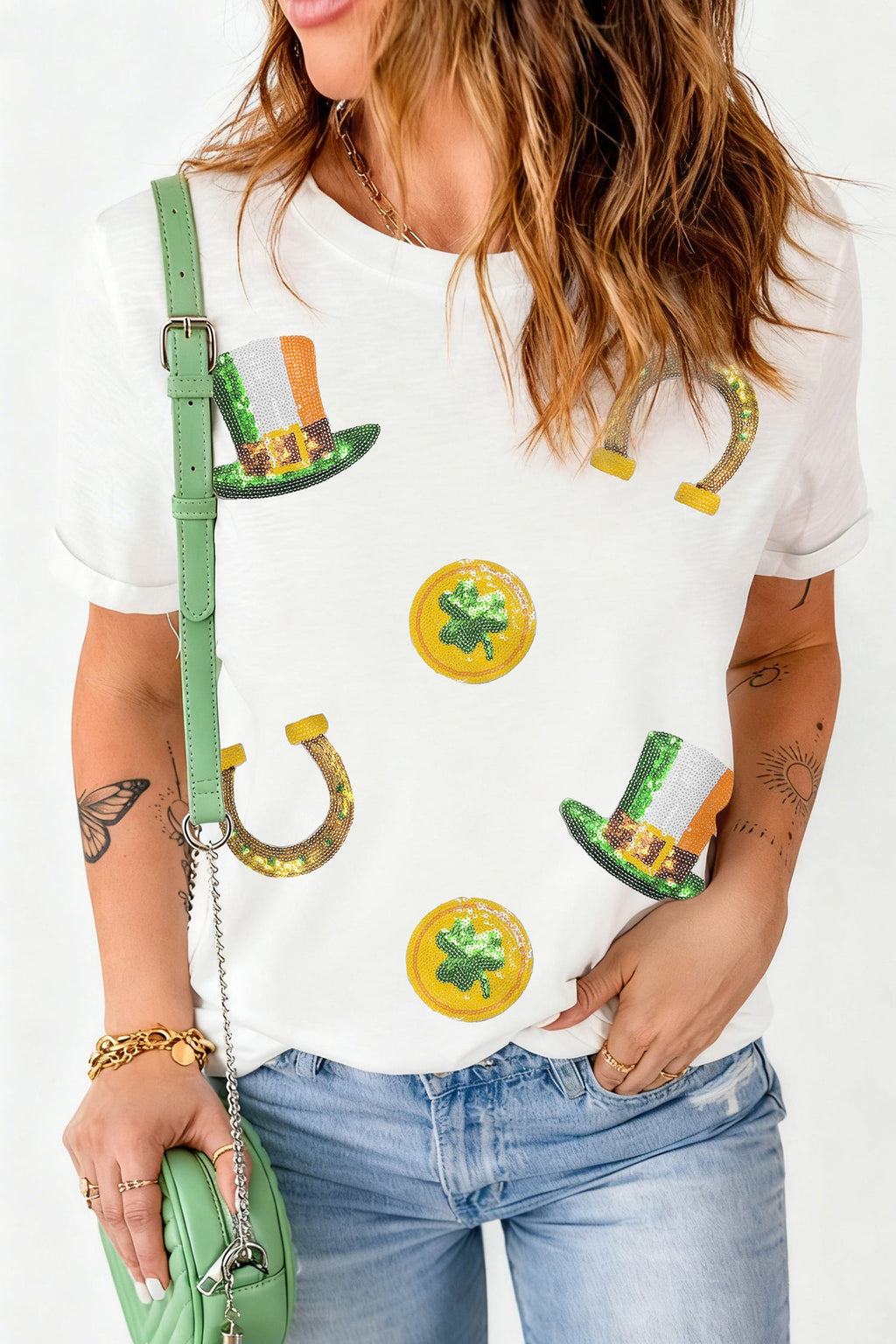 White St Patricks Day Sequin Graphic Casual T Shirt