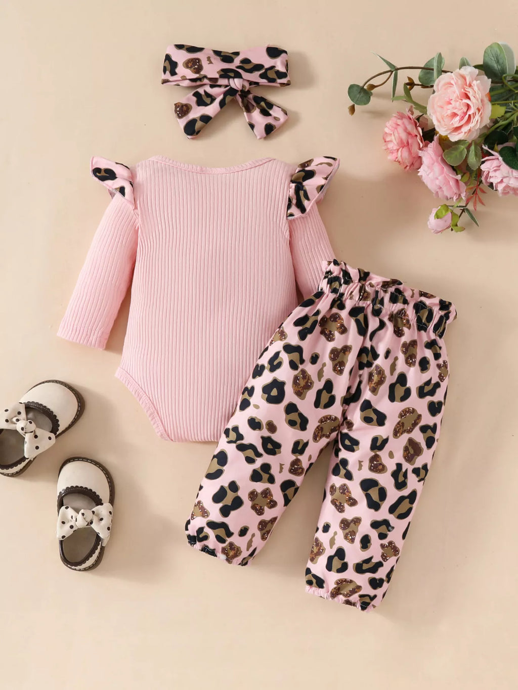 Children's Leopard Ruffled Bodysuit and Pants Set with Headband