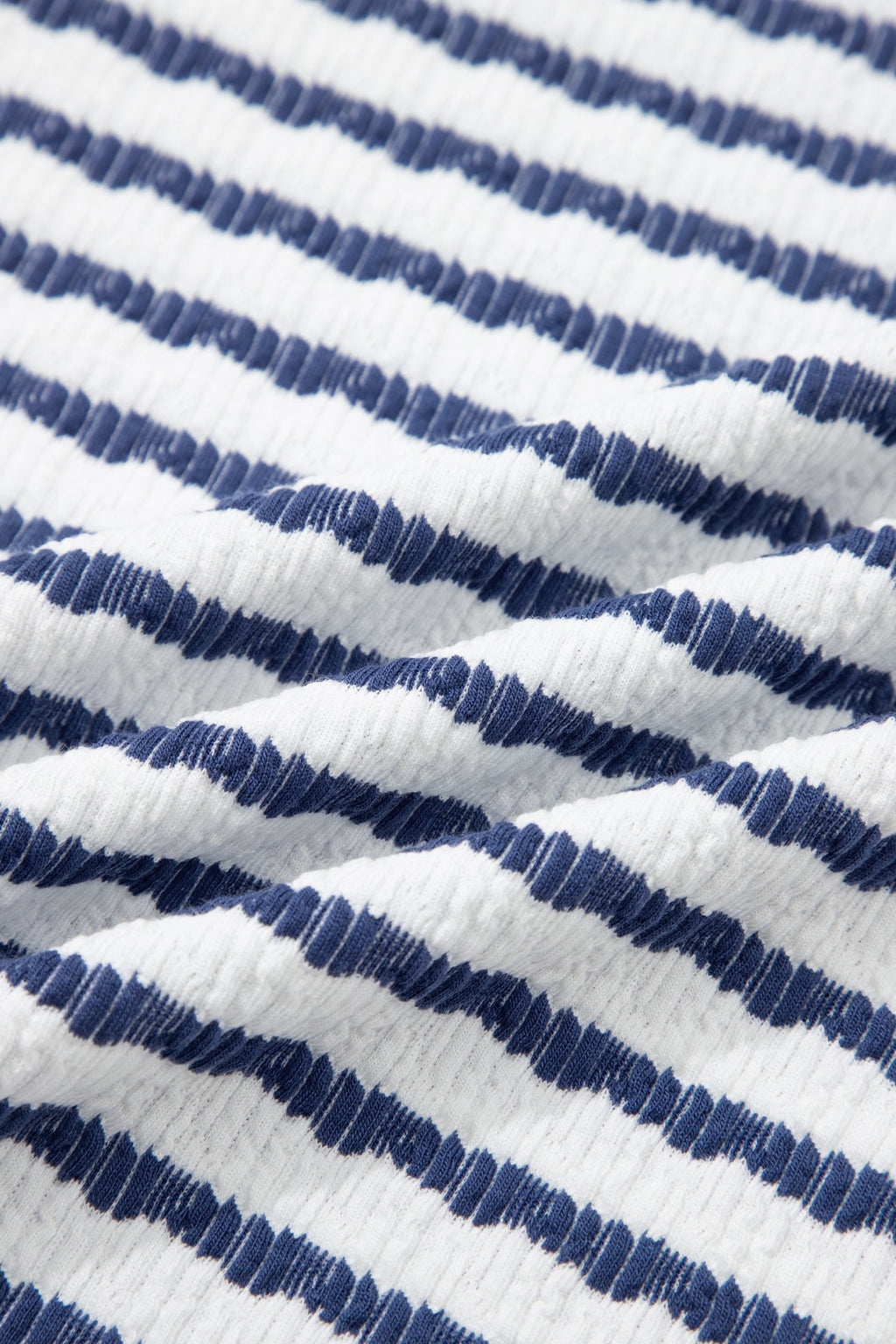 Blue Stripe Textured Knit Split Hem Half Sleeve Loose Top