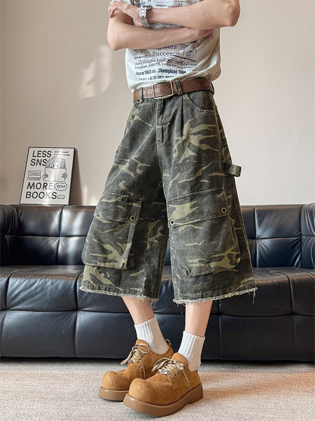 Men's Plus Size Vintage Camouflage Raw Hem Capris