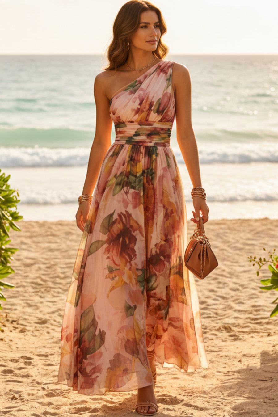 Floral One Shoulder Waist-Cinched Beach Maxi Dress