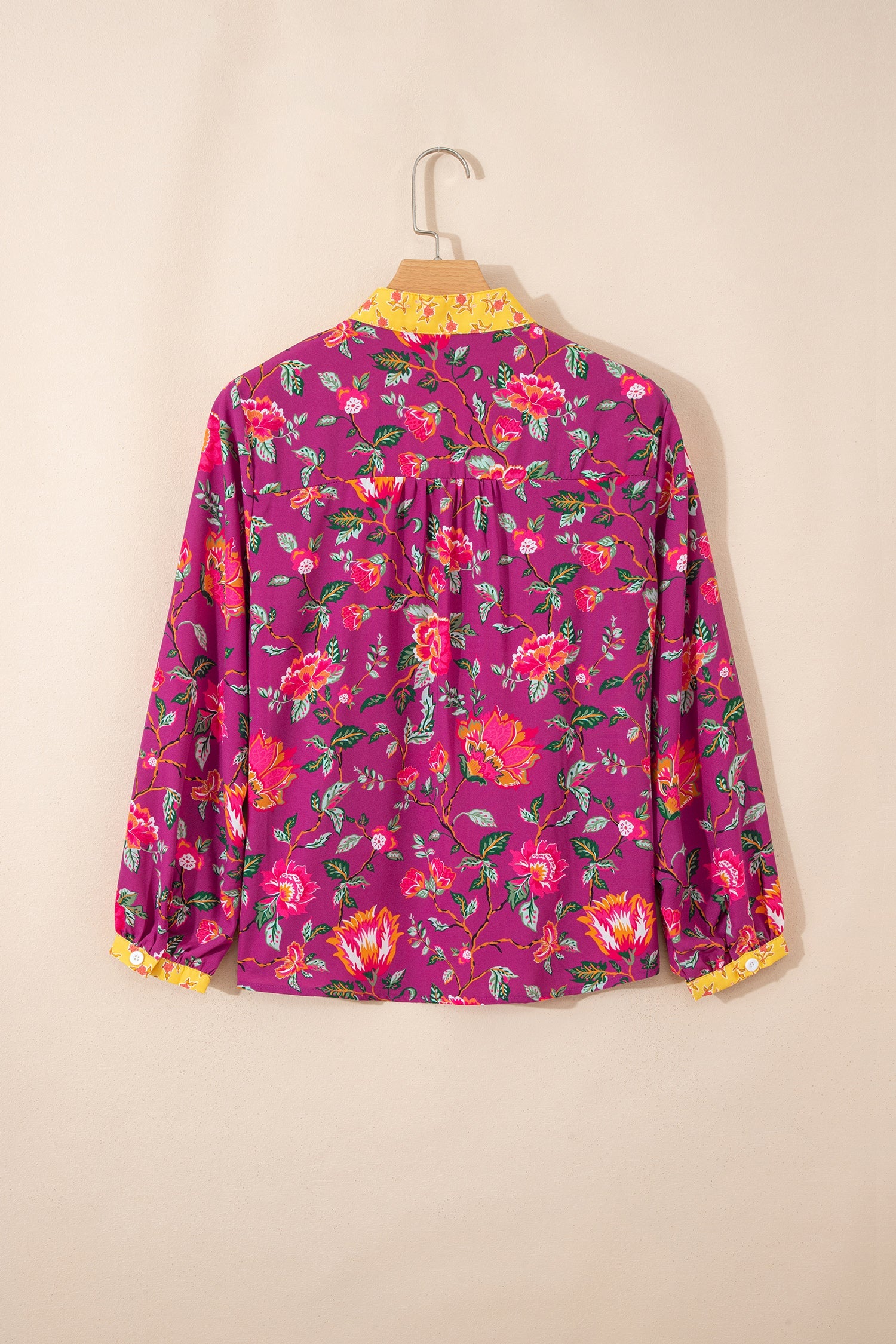 Rose Contrast Placket Split V Neck Floral Blouse