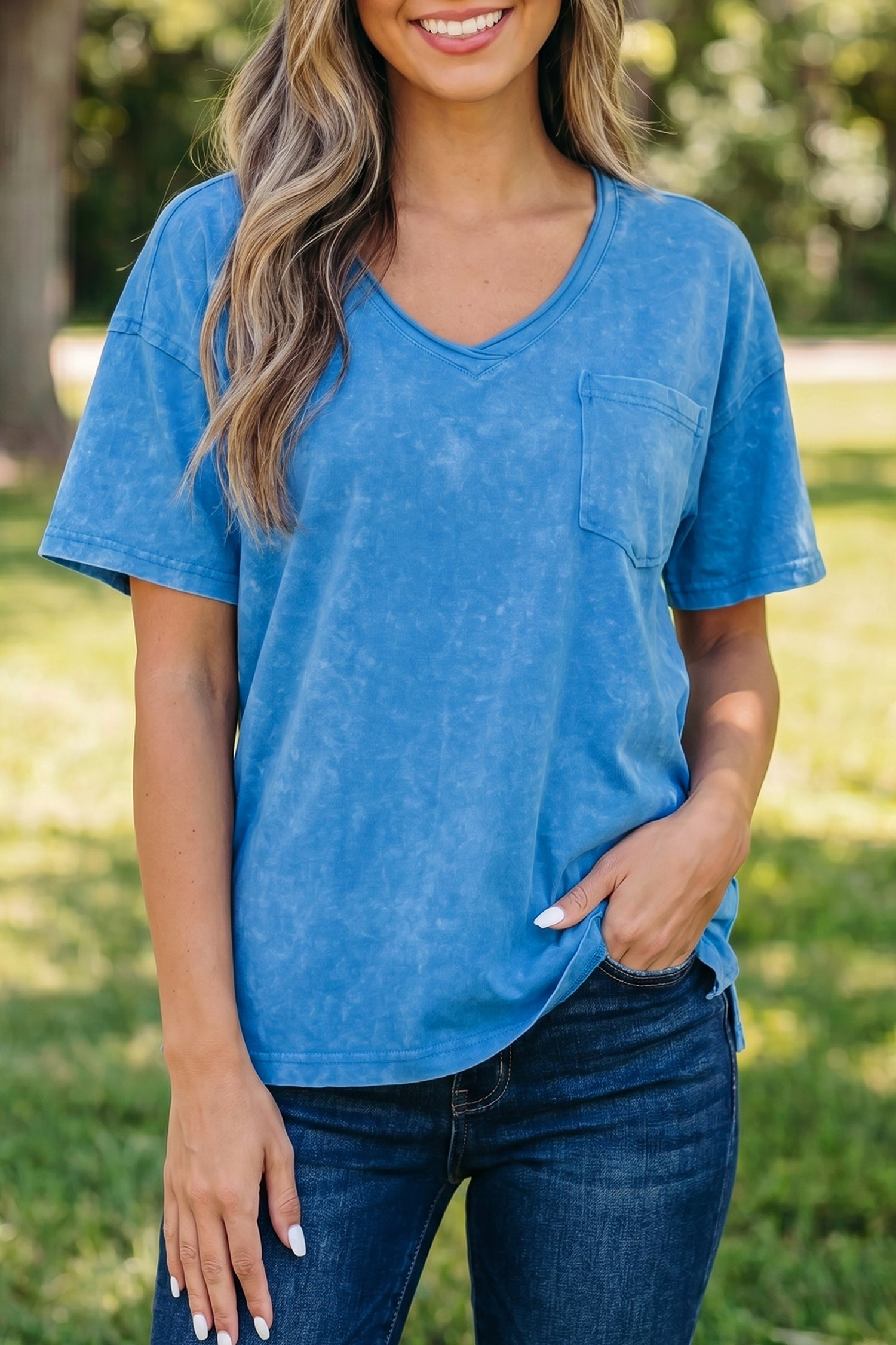 Blue Cotton Mineral Wash T Shirt