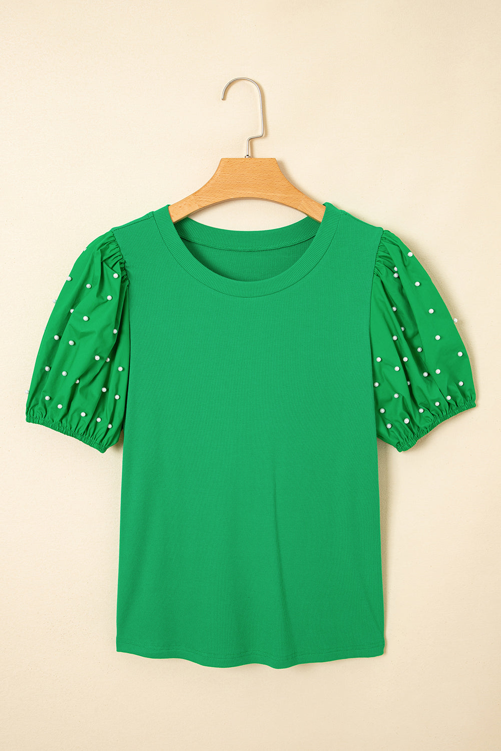 Black Pearl Beaded Puff Sleeve Ribbed Top