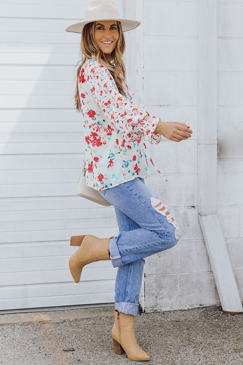 Fiery Red Cakewalk Floral Smocked Blouse