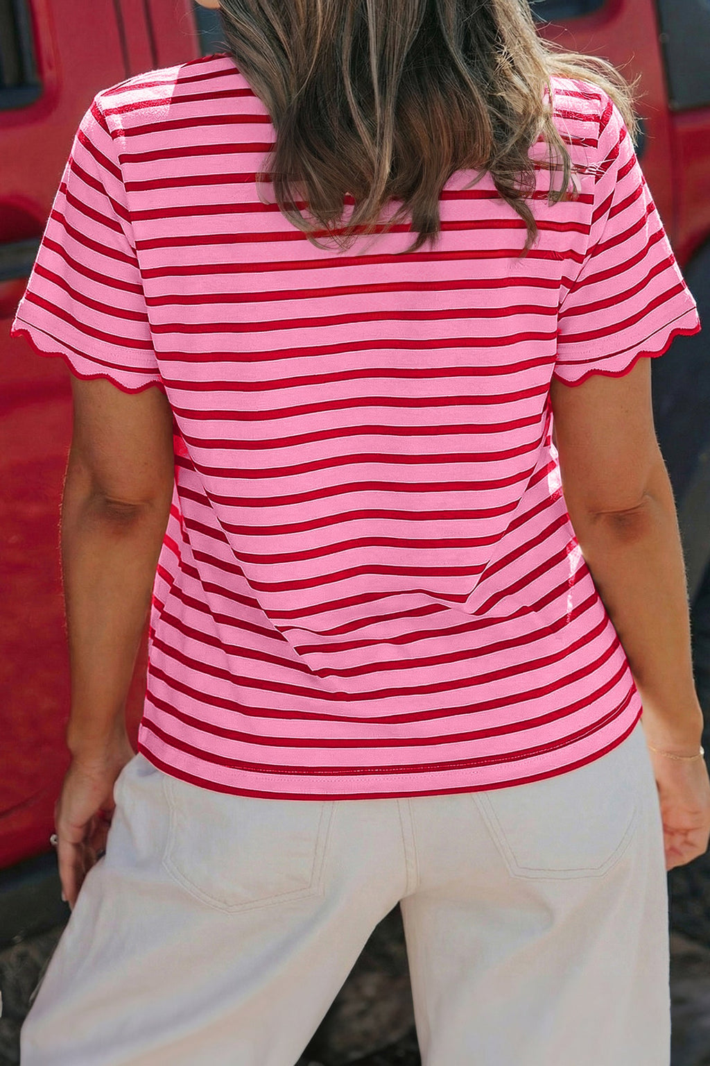 Pink Stripe Scalloped Trim Round Neck T Shirt