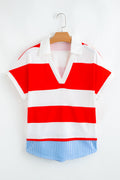 Red Stripe Collar V Neck Cuffed Dolman Short Sleeve Top
