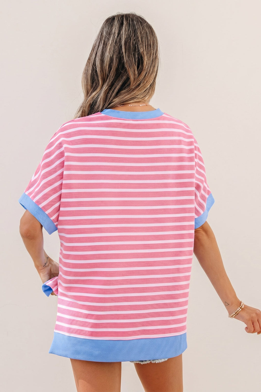 Pink Stripe Contrast Trim Loose Short Sleeve Top