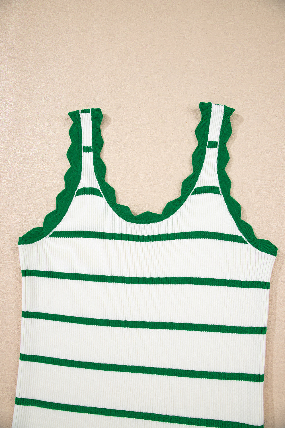 Bright Green Striped Scalloped Edge U Neck Sleeveless Sweater Vest