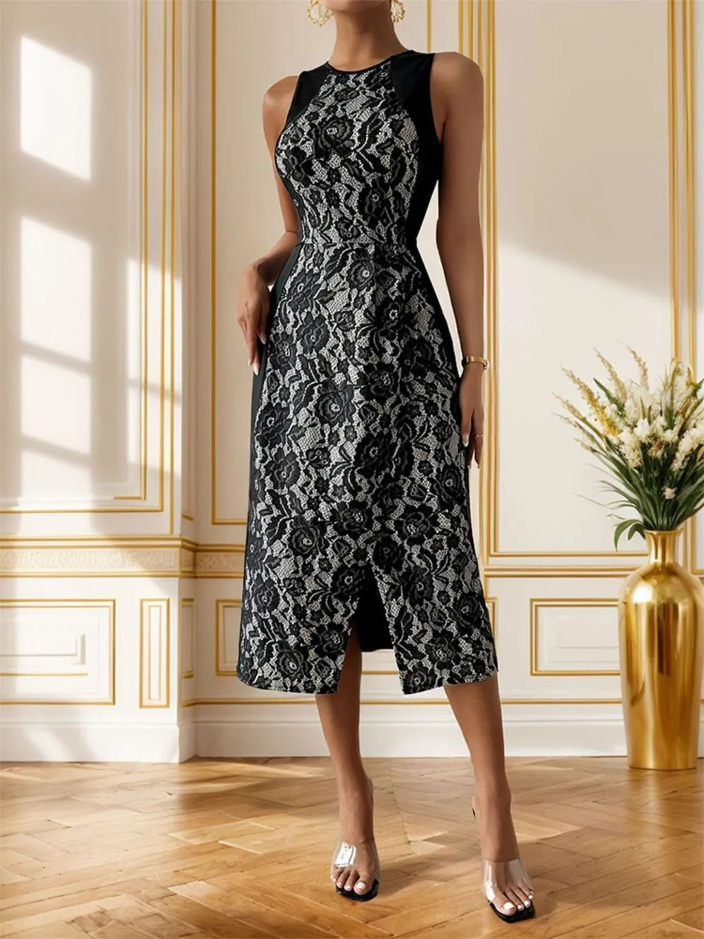 🌹 Slit Rose Round Neck Sleeveless Midi Dress