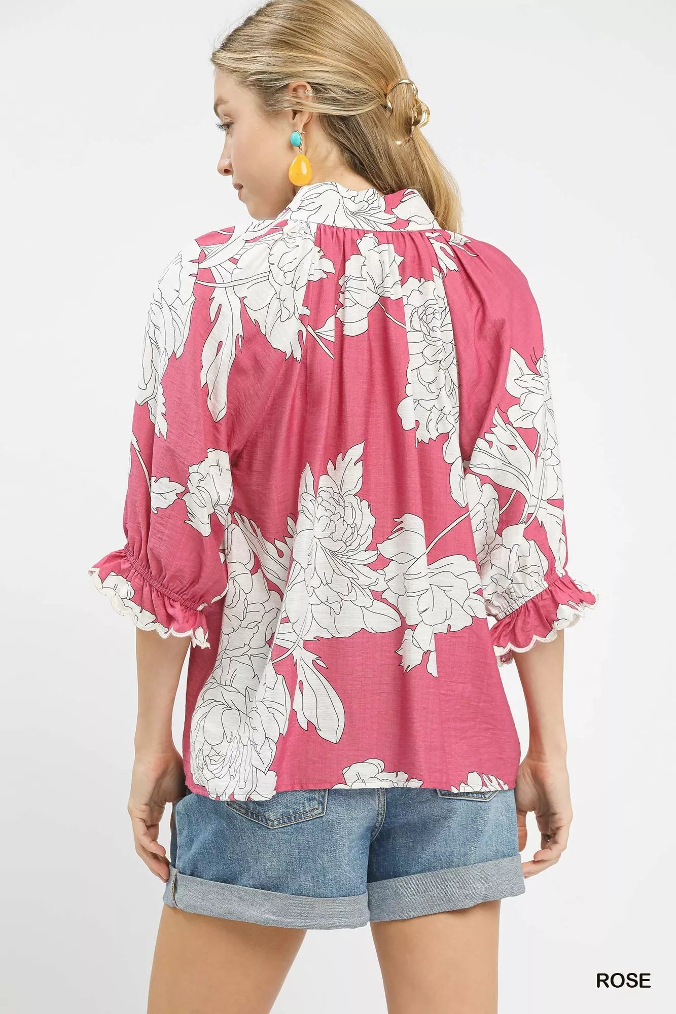 Umgee Peony Illustration Print Flounce Sleeve Blouse
