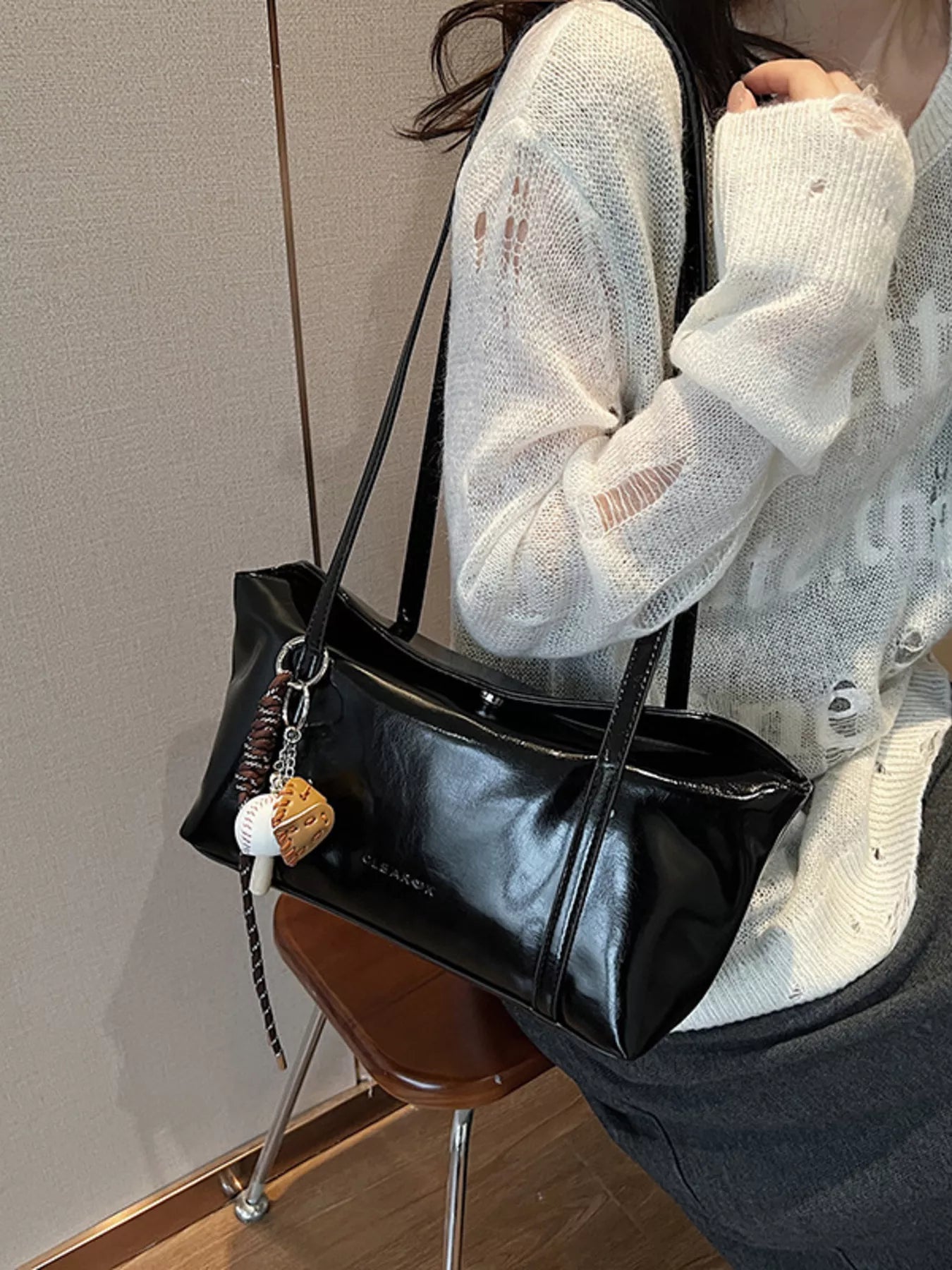 Solid Color Leather Shoulder Bag