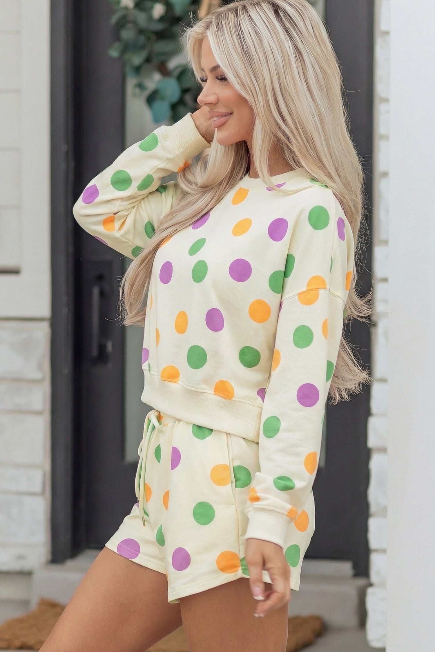Multicolour Polka Dot Print Drop Shoulder Pullover Drawstring Shorts Set