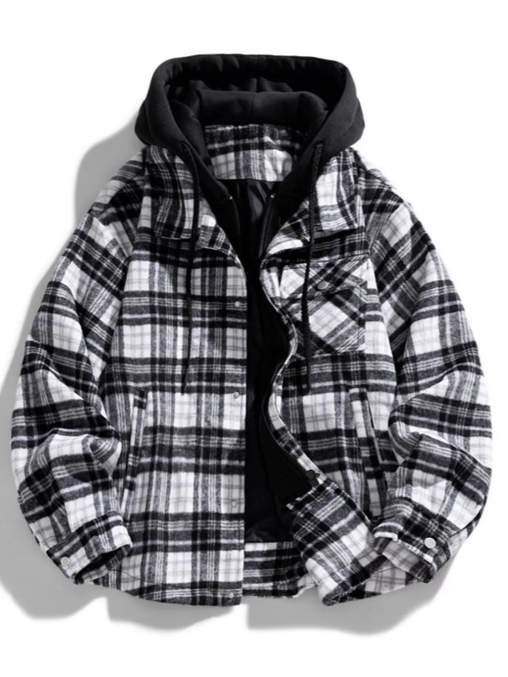 Men's Plus Size Drawstring Hooded Plaid Shirt Jacket