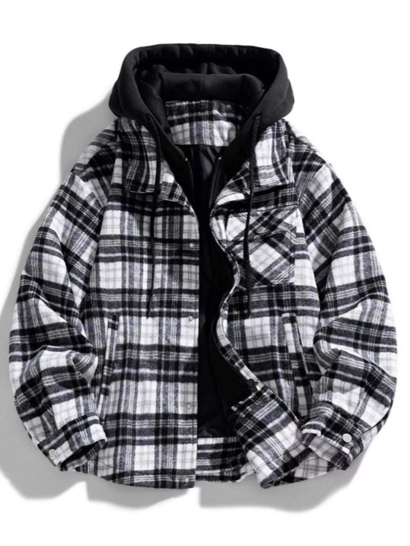 Men's Plus Size Drawstring Hooded Plaid Shirt Jacket