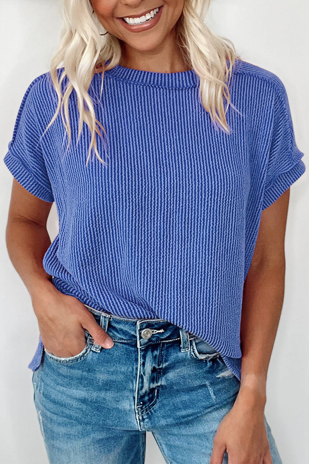 Medium Grey Crinkle Rib Knit Exposed Seam Round Neck T-shirt