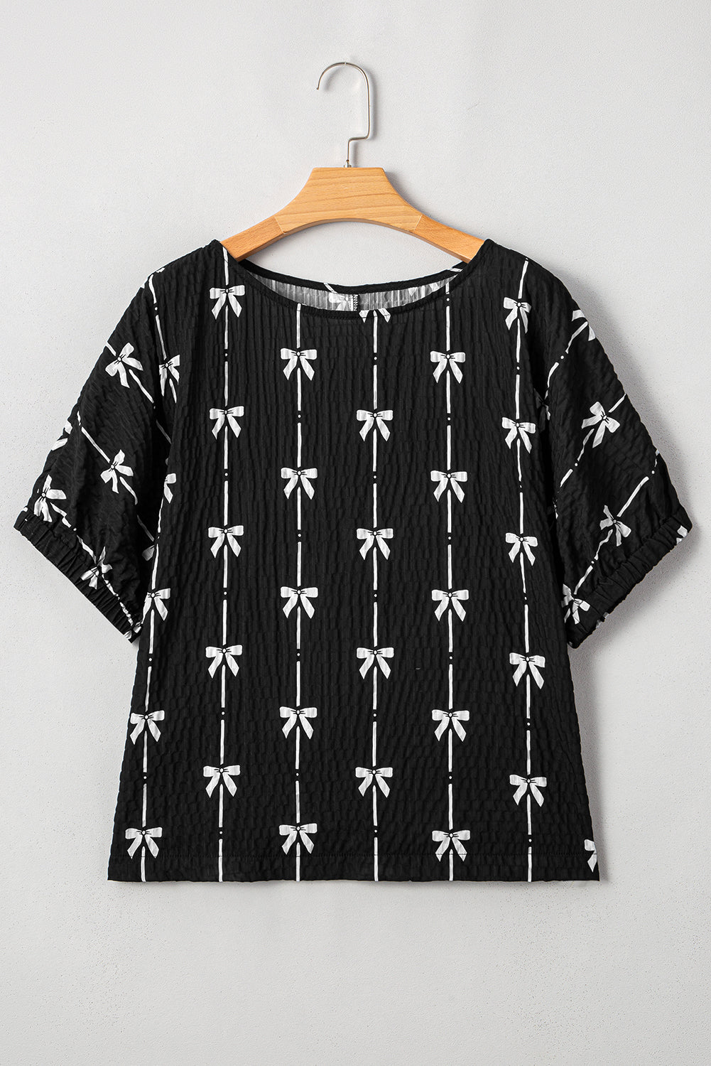 Beige Bow Print Striped Puff Short Sleeve Blouse