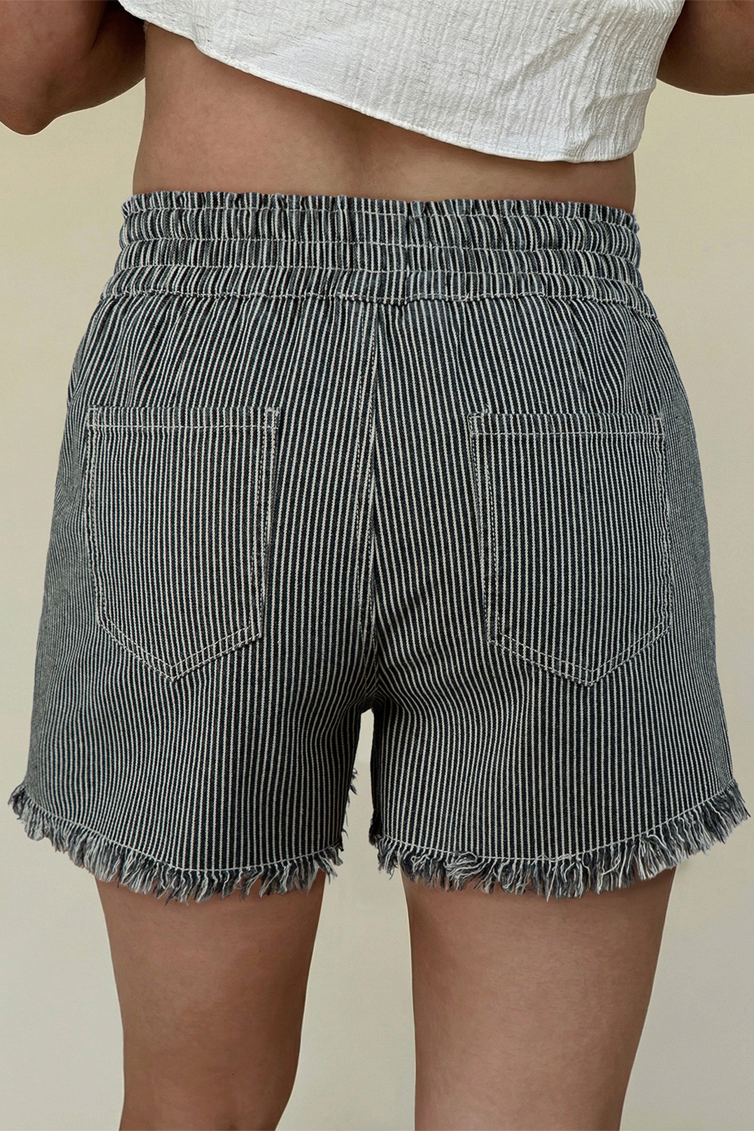 Black Stripe Raw Edge Drawstring Elastic Waist Casual Denim Shorts