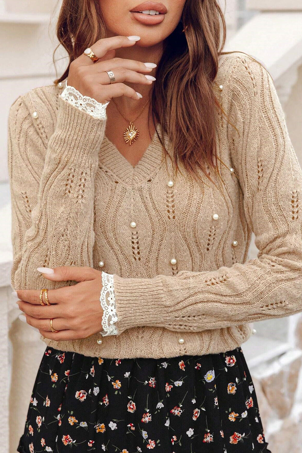 Smoke Gray Pearl Beaded Pointelle Knit V Neck Lace Patchwork Sleeve Sweater