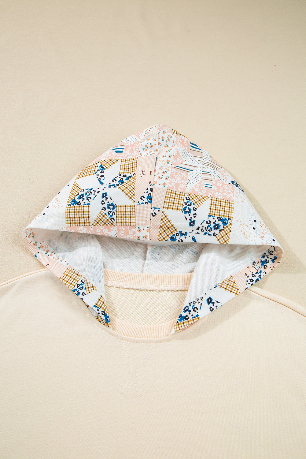 Beige Western Geo Pattern Patchwork Hoodie with Kangaroo Pocket