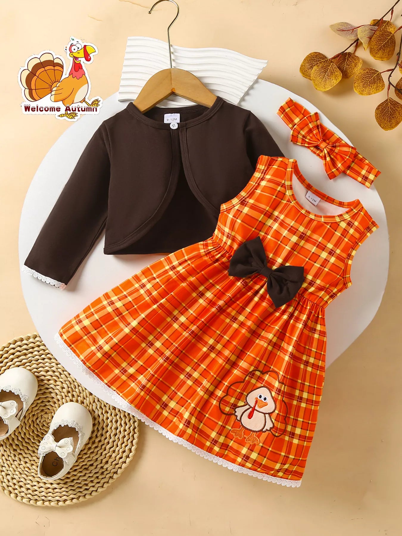 Children's Plaid Turkey Embroidered Bowknot Dress 3 Piece Set