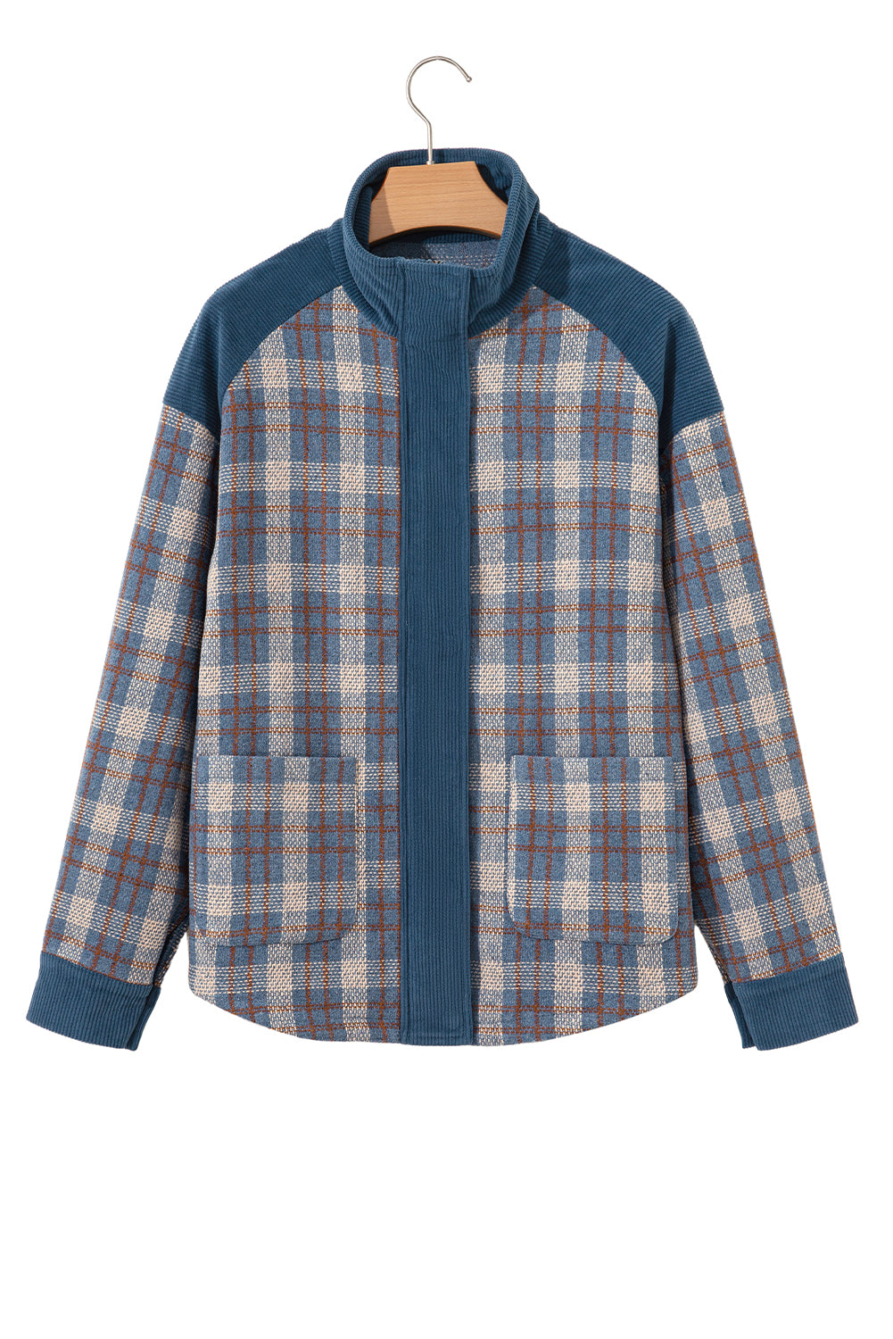 Gray Plaid Corduroy Patchwork Collared Zip Up Snap Button Jacket