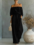 Women's Off-Shoulder Long-Sleeve Top & Wide-Leg Pants Two-Piece Set