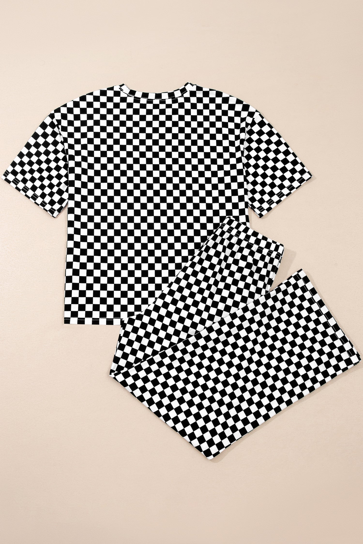 Black Checkered Print Half Sleeve Tee 2pcs Lounge Pant Set