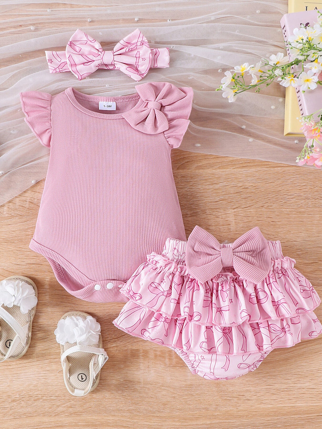 Children's Bowknot Ruffle Trim Bodysuit & Skort & Headband Set