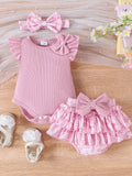 Children's Bowknot Ruffle Trim Bodysuit & Skort & Headband Set