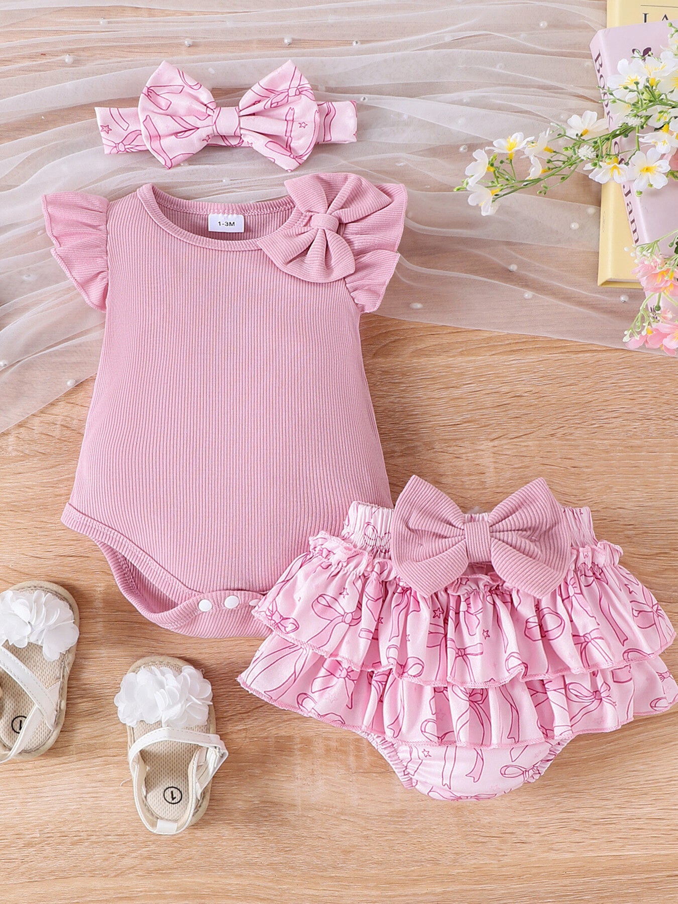 Children's Bowknot Ruffle Trim Bodysuit & Skort & Headband Set