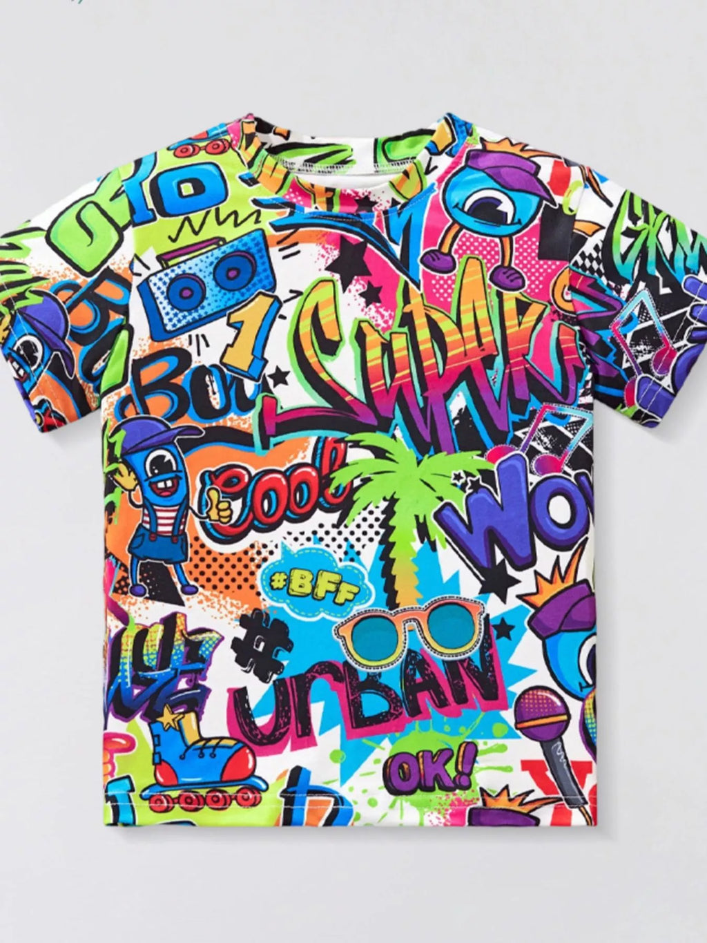 Children's Graffiti Print Crew Neck Short Sleeve T-Shirt