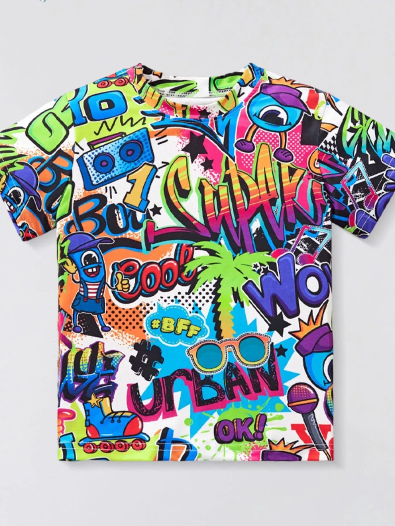 Children's Graffiti Print Crew Neck Short Sleeve T-Shirt