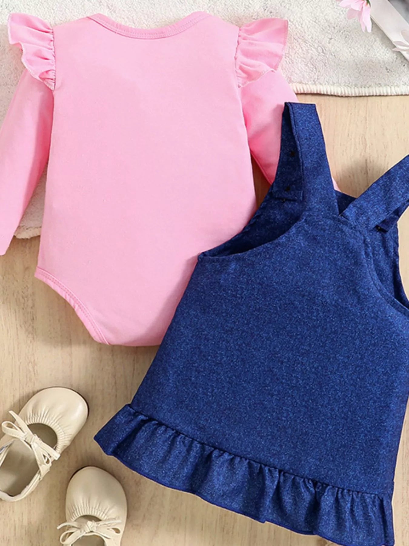 Children's Ruffled Bodysuit and Overall Dress Set with Headband