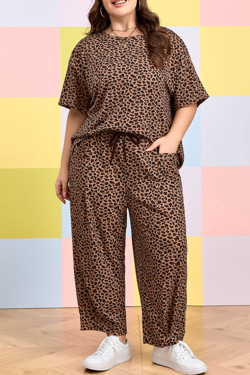 Brown Plus Size Leopard Loose Top Pleated Pants Set