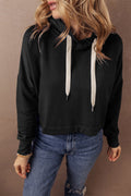 Black Solid Drop Shoulder Drawstring Cropped Hoodie