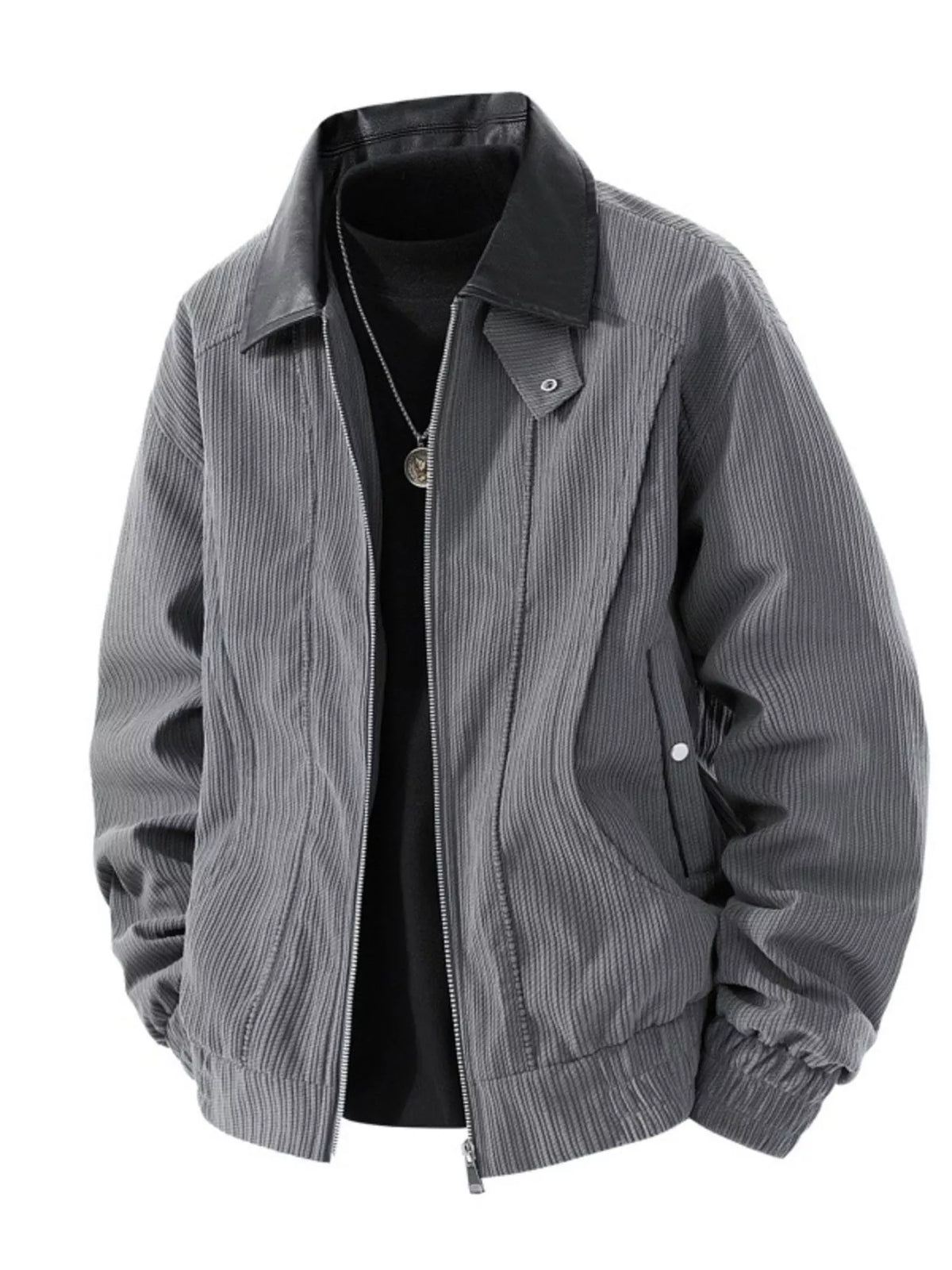 Men's Plus Size Zip Up Corduroy Jacket with Leather Collar