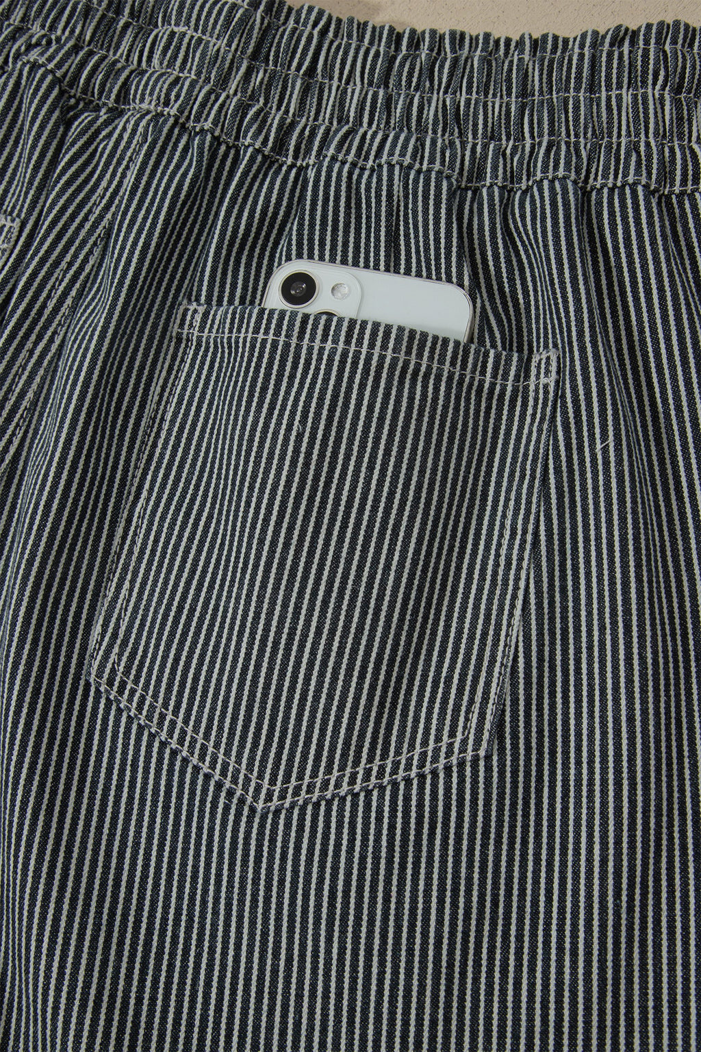 Black Stripe Raw Edge Drawstring Elastic Waist Casual Denim Shorts