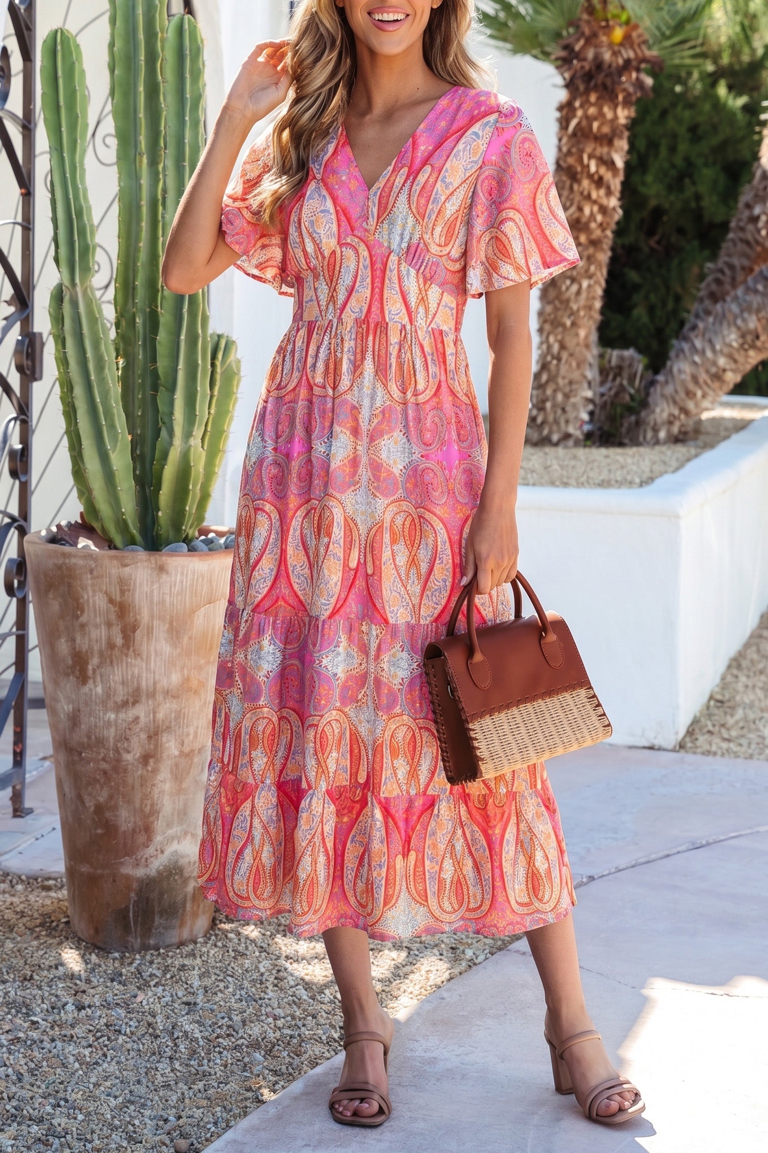 Multicolour Paisley Print V-Neck Short Sleeve Boho Maxi Dress with Ruffle Details
