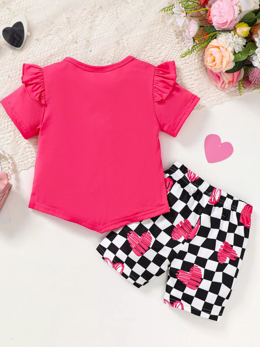 Children's Ruffled Short Sleeve Tee and Checkerboard Shorts Set