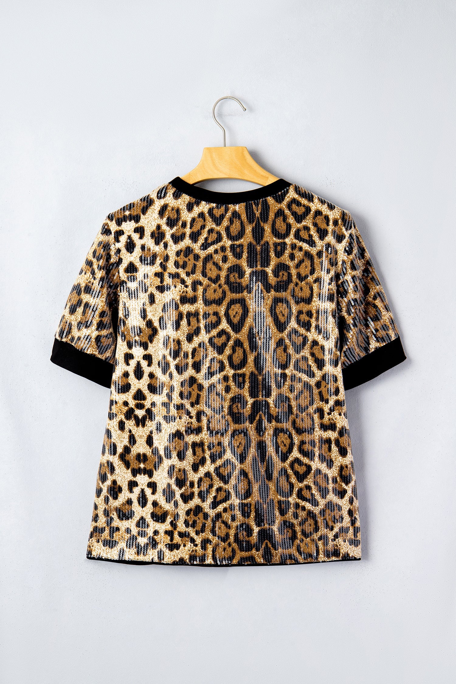 Brown Sequin Leopard Pattern Short Sleeve Top