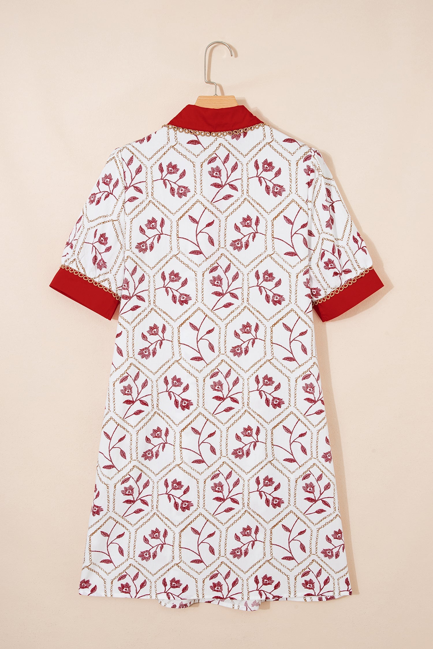 Red Geometric Floral Print Lace Trim Collared Short Sleeve Mini Dress