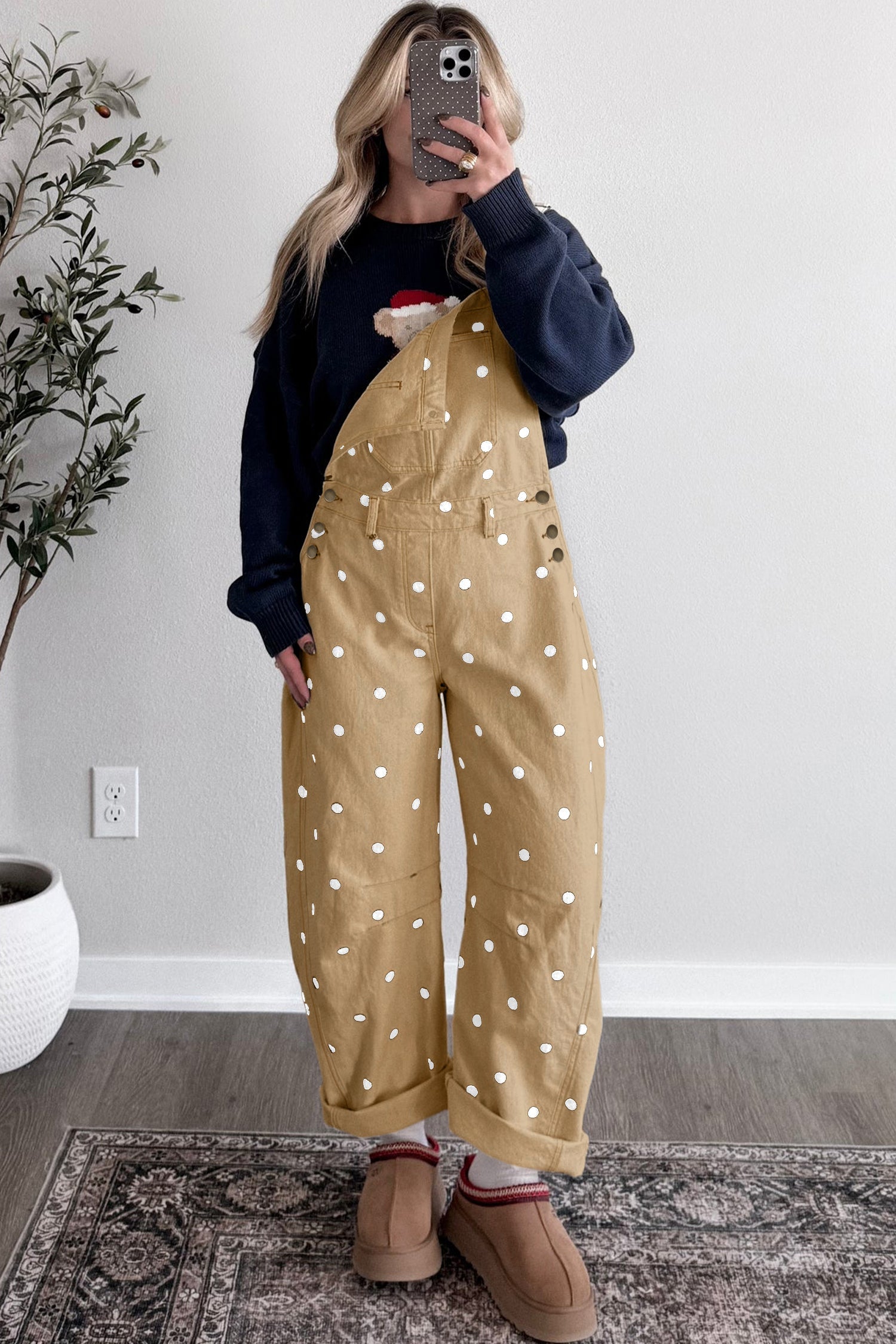 Jet Stream Polka Dot Print Bib Pocket Denim Barrel Overalls Jumpsuit