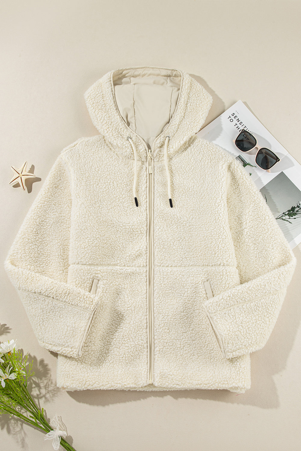 Beige Fleece Zip Up Drawstring Hooded Pocketed Jacket