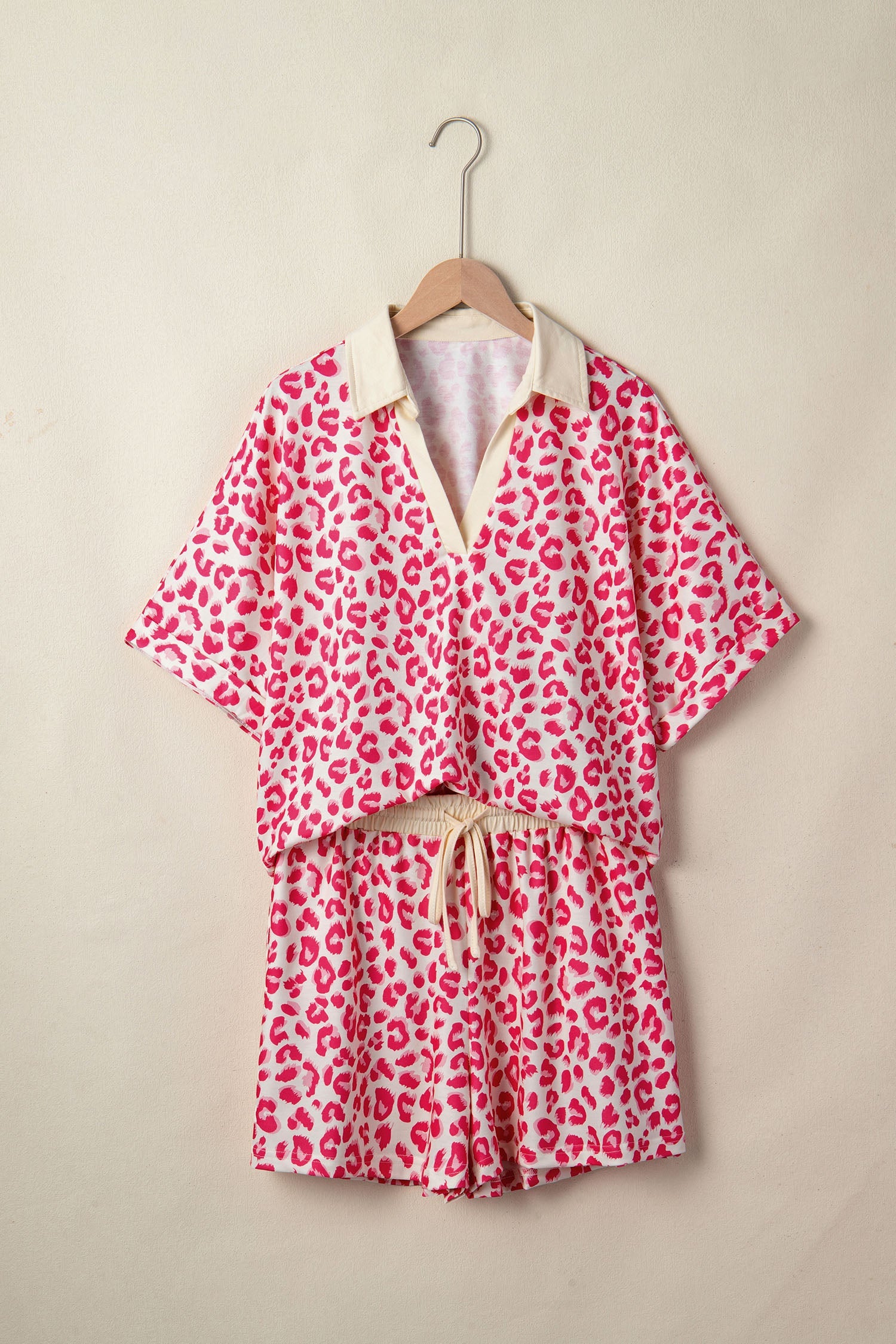 Rose V Neck Collar Leopard Printed 2pcs Short Set