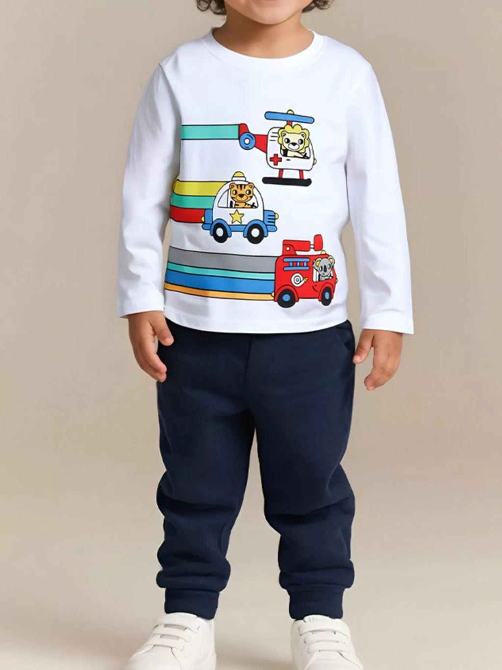 Children's Cartoon Vehicle Print Long Sleeve T-Shirt