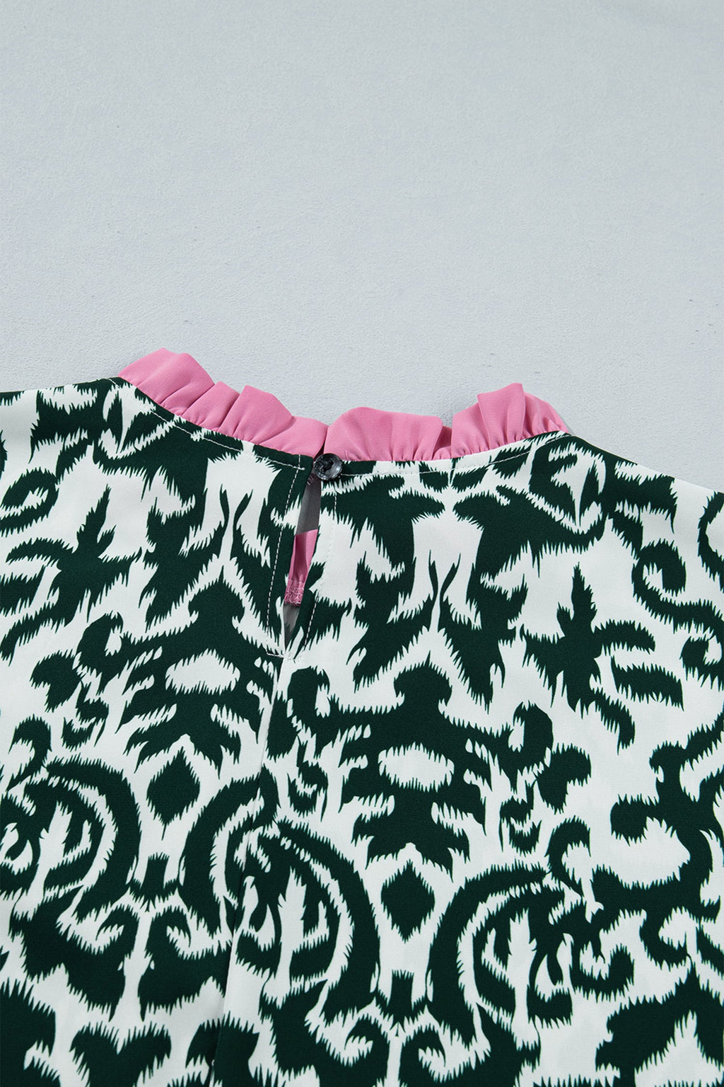 Green Damask Print Ruffled Color Block Detail Half Sleeve Blouse