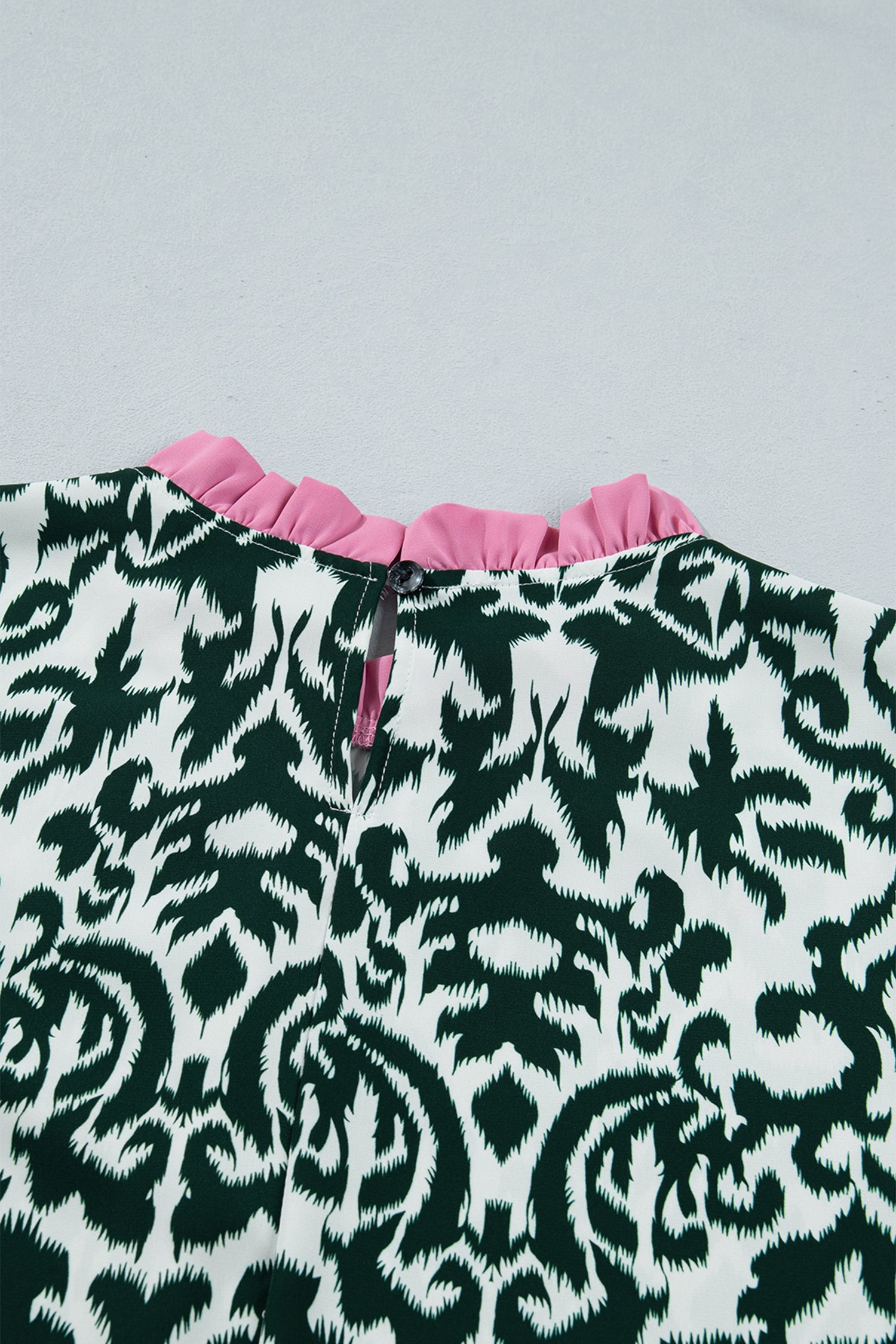Green Damask Print Ruffled Color Block Detail Half Sleeve Blouse